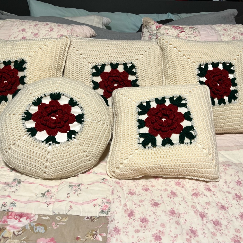 Crochet Pillow Set with Red Floral Design